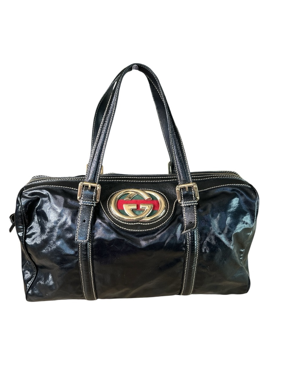 Gucci Black Patent Shoulder Bag with Red and Green Logo